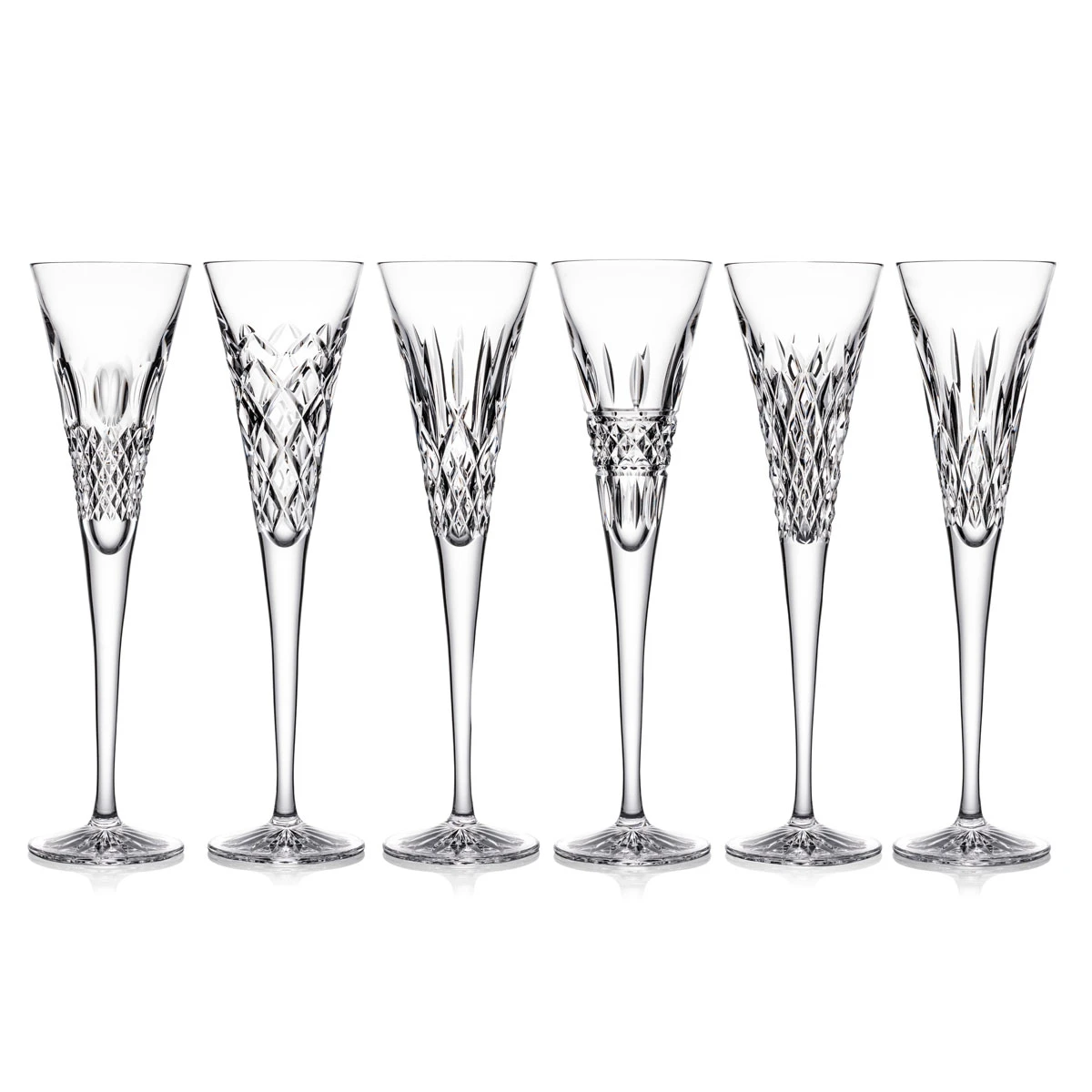 Waterford Heritage Toasting Flutes, Set Of Six, Alana, Araglin, Colleen, Irish Lace, Lismore And Powerscourt 3 Waterford Heritage Toasting Flutes, Set Of Six, Alana, Araglin, Colleen, Irish Lace, Lismore And Powerscourt