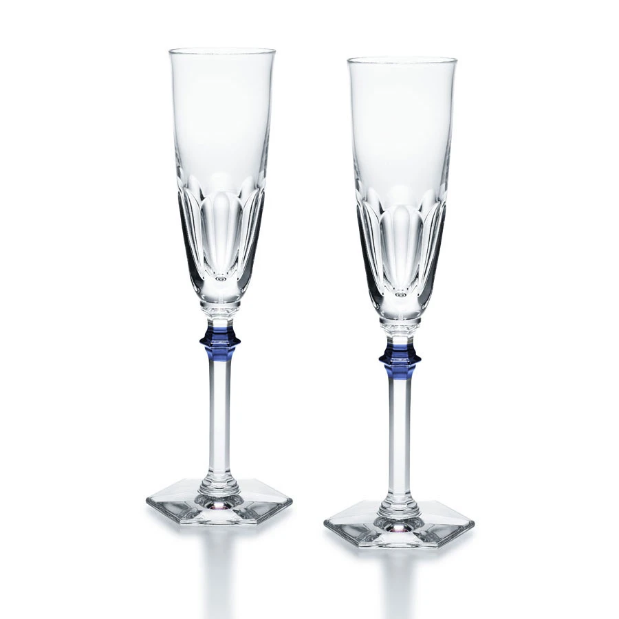 Baccarat Harcourt Eve Champagne Flutes, Blue Knob, Pair 3 Baccarat Harcourt Eve Champagne Flutes, Blue Knob, Pair