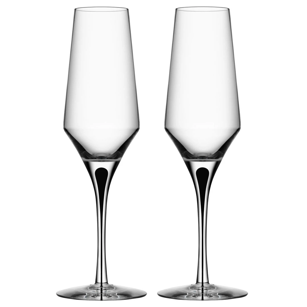 Orrefors Crystal, Metropol Black Champagne Crystal Flute, Pair 3 Orrefors Crystal, Metropol Black Champagne Crystal Flute, Pair