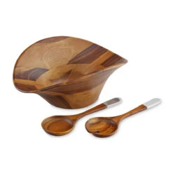 Nambe Ripple 10" Gourmet Wood Salad Bowl With Servers