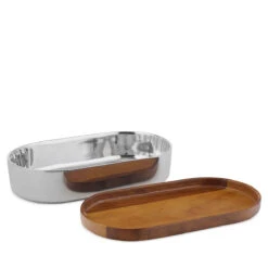 Nambe Oblong Nest 10" Bowl With Wood Lid -Best Glassware Store MT1526N a3